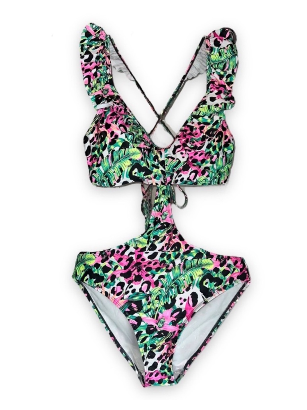 LALA Women’s Tropical and Animal Print One-Piece Swimsuit With Cut-Outs & Ruffle